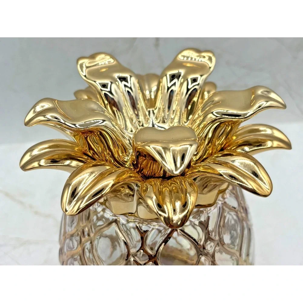 Bath & Body Works Glass Pineapple 3-Wick‎ Candle Holder Pedestal Gold Iridescent